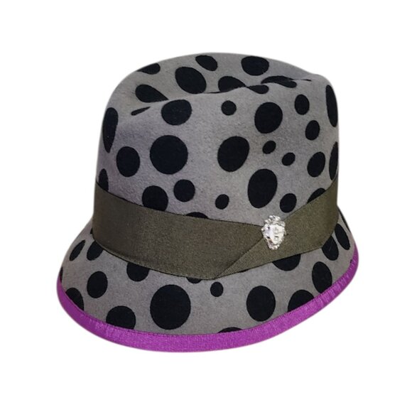 ELLEN PAULSSEN 100% wool Germany polkadot fedora hat grey purple - Picture 3 of 8